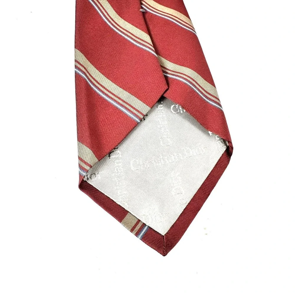 Christian Dior Silk Tie Mens Red Tan Blue Diagonal Striped Made‎ in USA Vintage